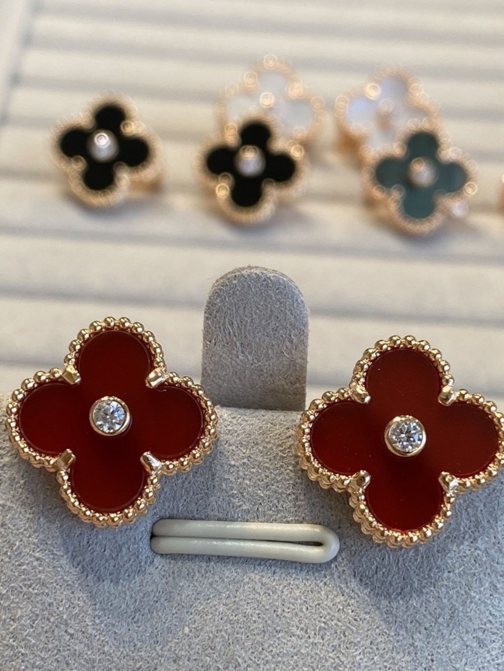 18K Gold-Tone Red Clover Stud Earrings with Crystal Center, Titanium Steel.